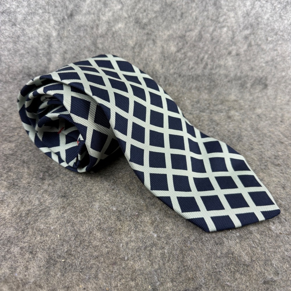 Faconnable Mens Silk Tie Navy Blue Silver Geometric Lattice Hand Made in France